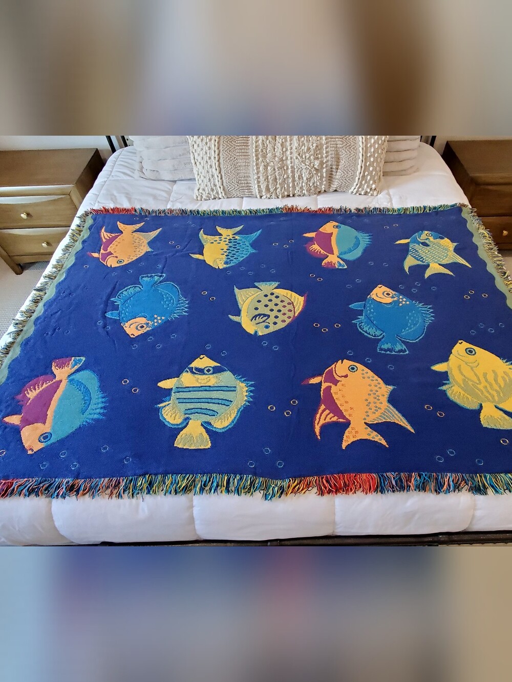 Goodwin Weavers Vtg Cotton Jacquard Weave Tropical Fish+Bubbles Throw Blanket